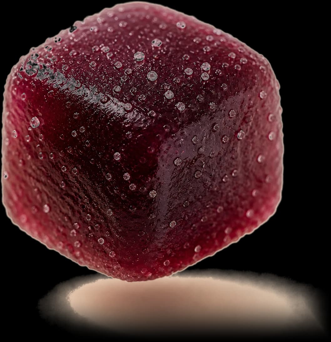 Macro close-up of a purple sugar-dusted WellBytes-style gummy