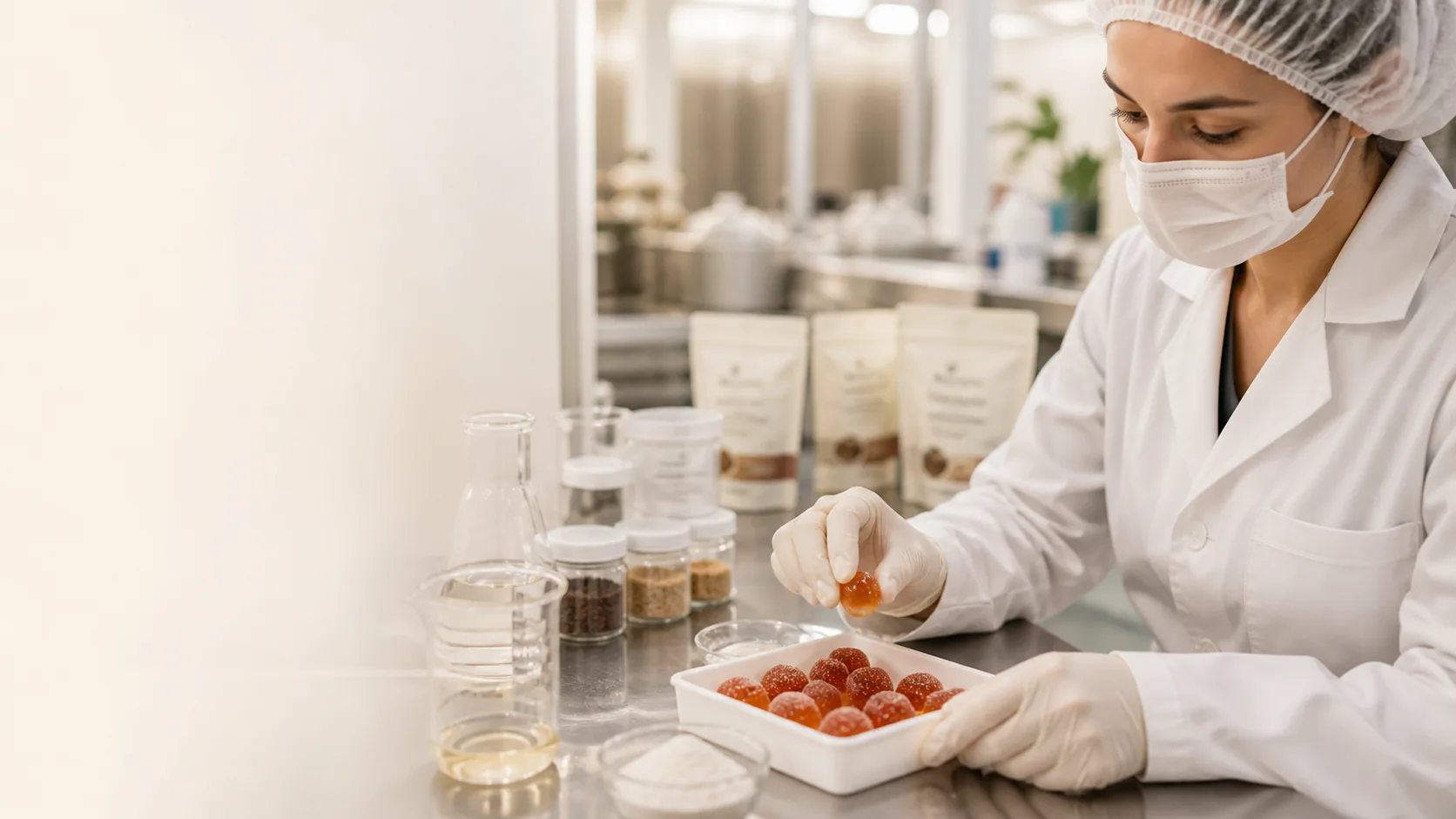 WellBytes gummies being inspected in a clean lab environment