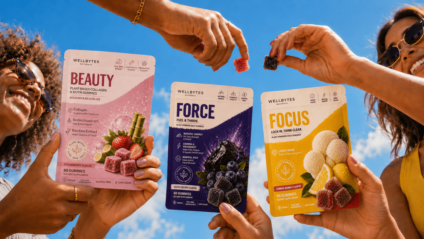 WellBytes gummies held up by friends under a clear blue sky
