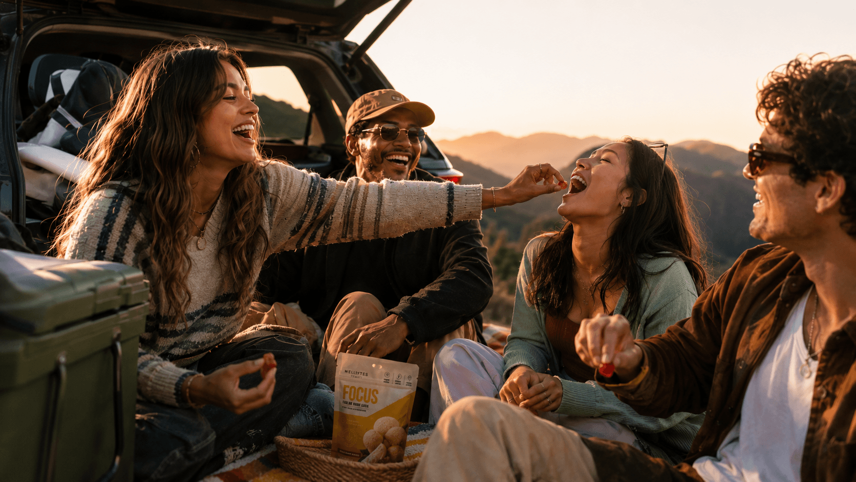 Friends sharing WellBytes gummies during a golden-hour road trip