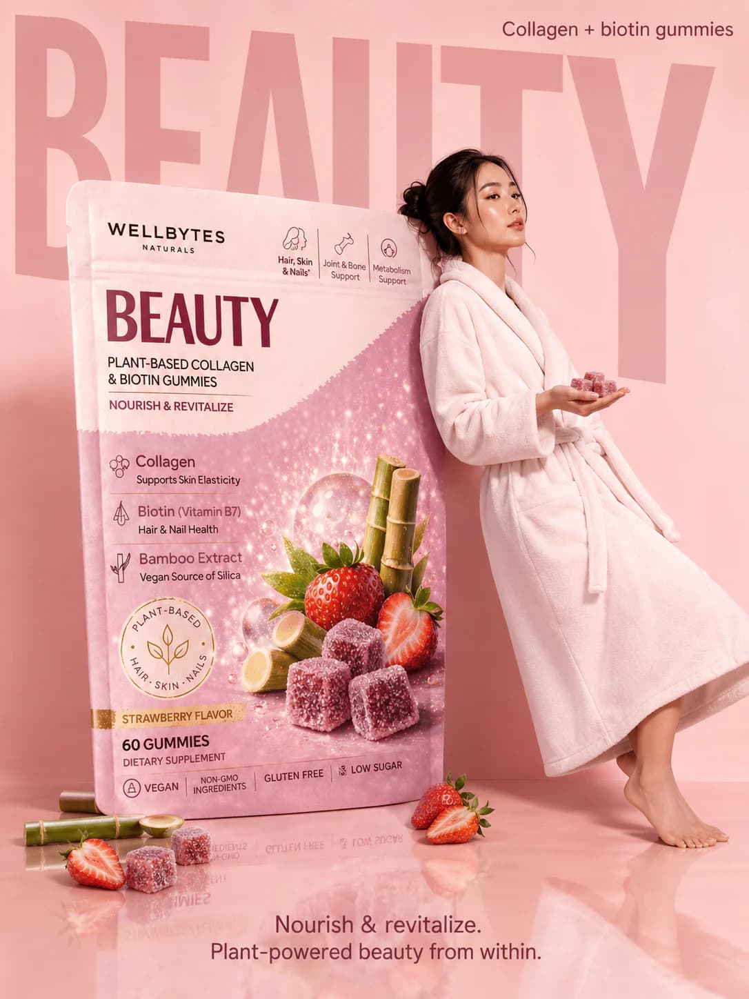 WellBytes Beauty editorial scene with Beauty gummies and pouch