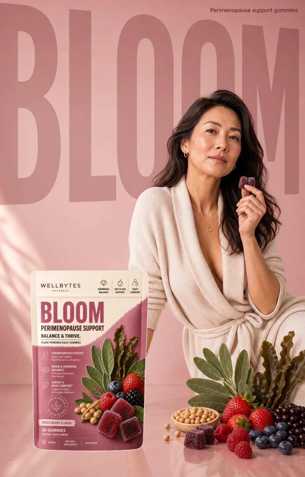 WellBytes Bloom campaign visual with Bloom pouch, berry gummies, sage, kelp, and a woman in a rose studio scene