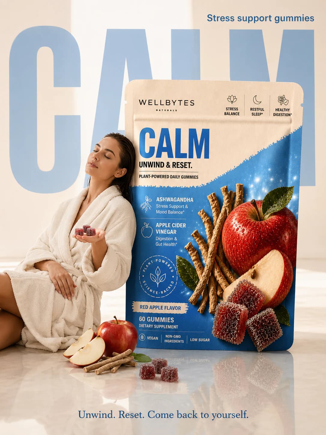 WellBytes Calm editorial scene with Calm gummies and pouch