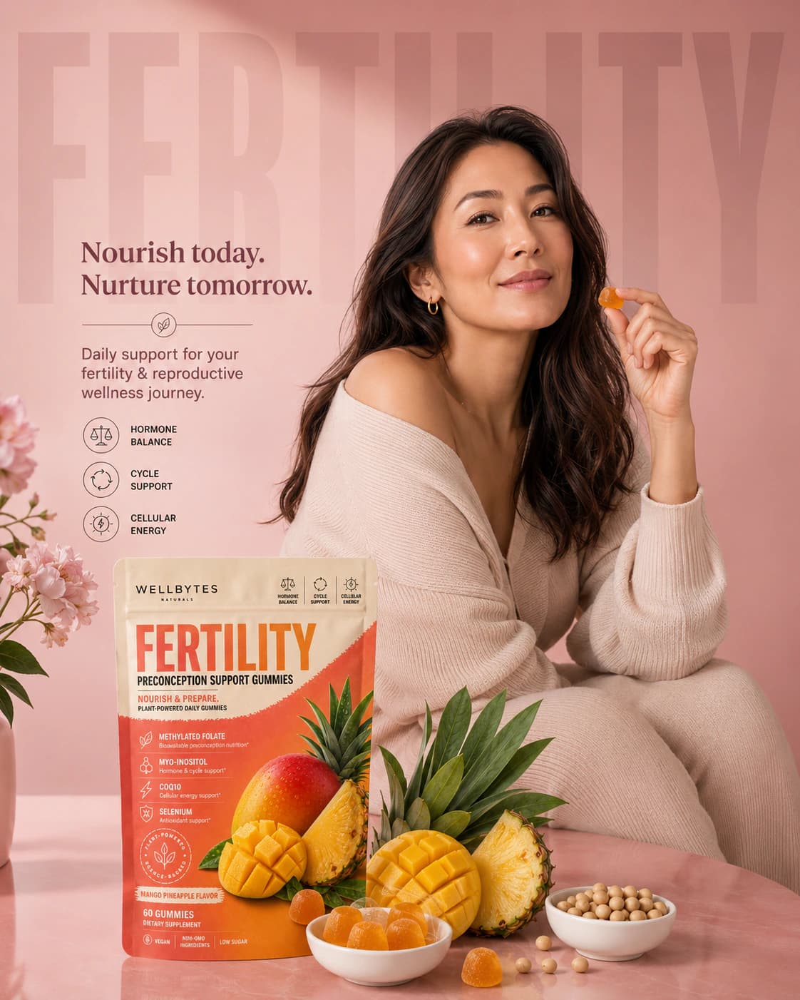 WellBytes Fertility support gummies with woman holding a gummy and mango pineapple product styling