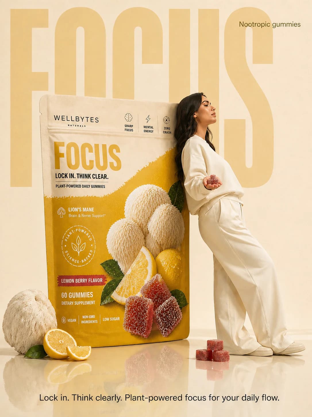 WellBytes Focus editorial scene with Focus gummies and pouch