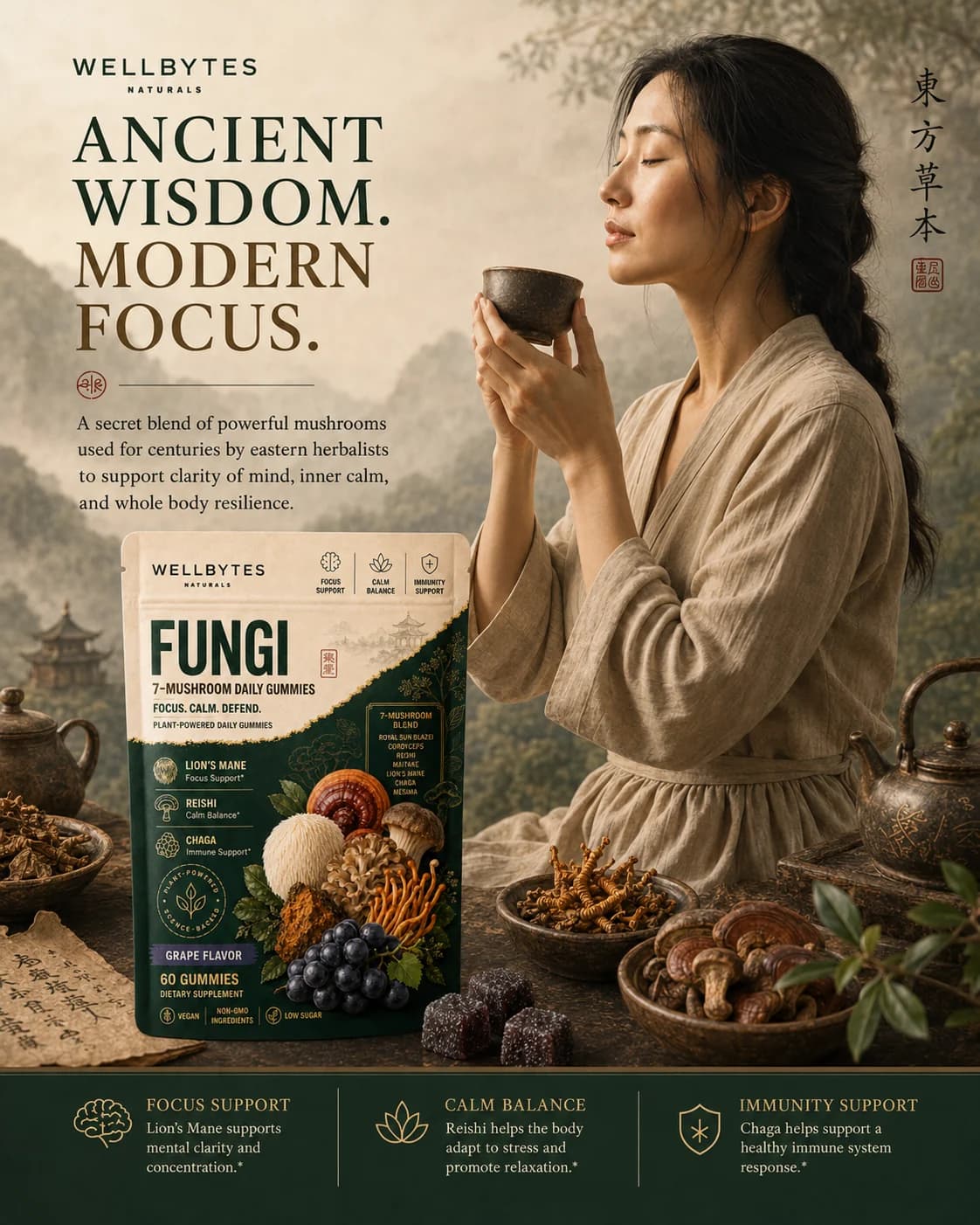 WellBytes Fungi editorial scene with tea ritual and mushroom blend story