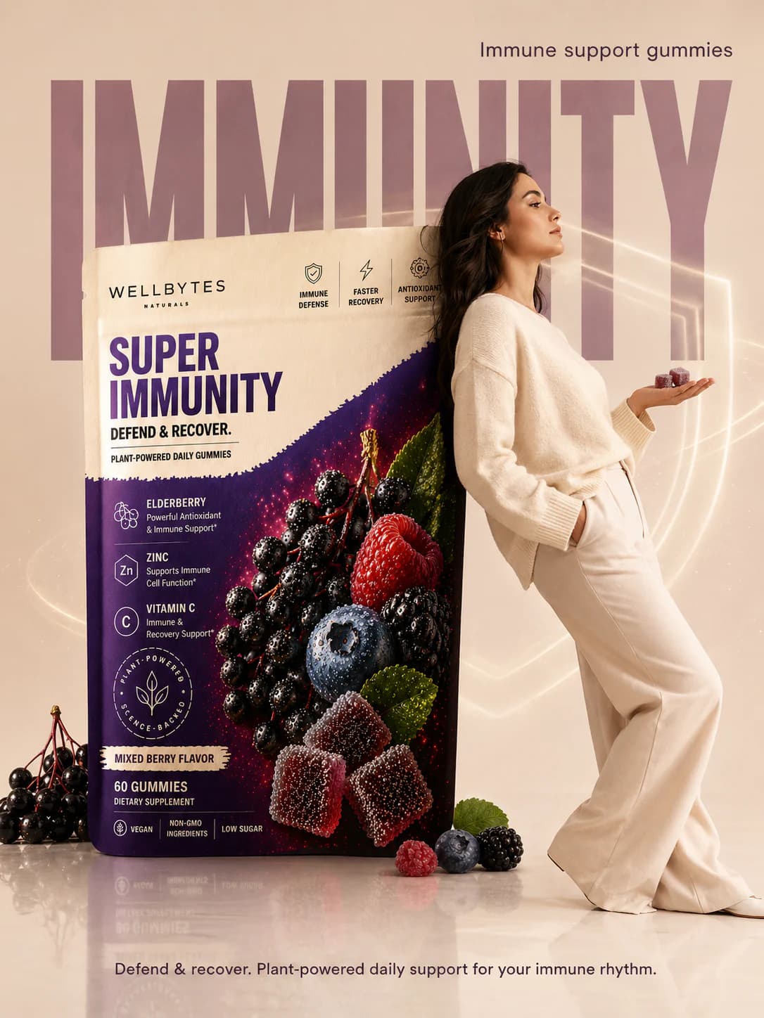 WellBytes Super Immunity editorial scene with immunity gummies and pouch