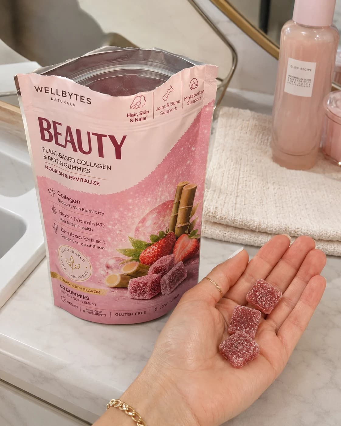 Customer-style bathroom counter photo of WellBytes Beauty gummies held beside the pouch
