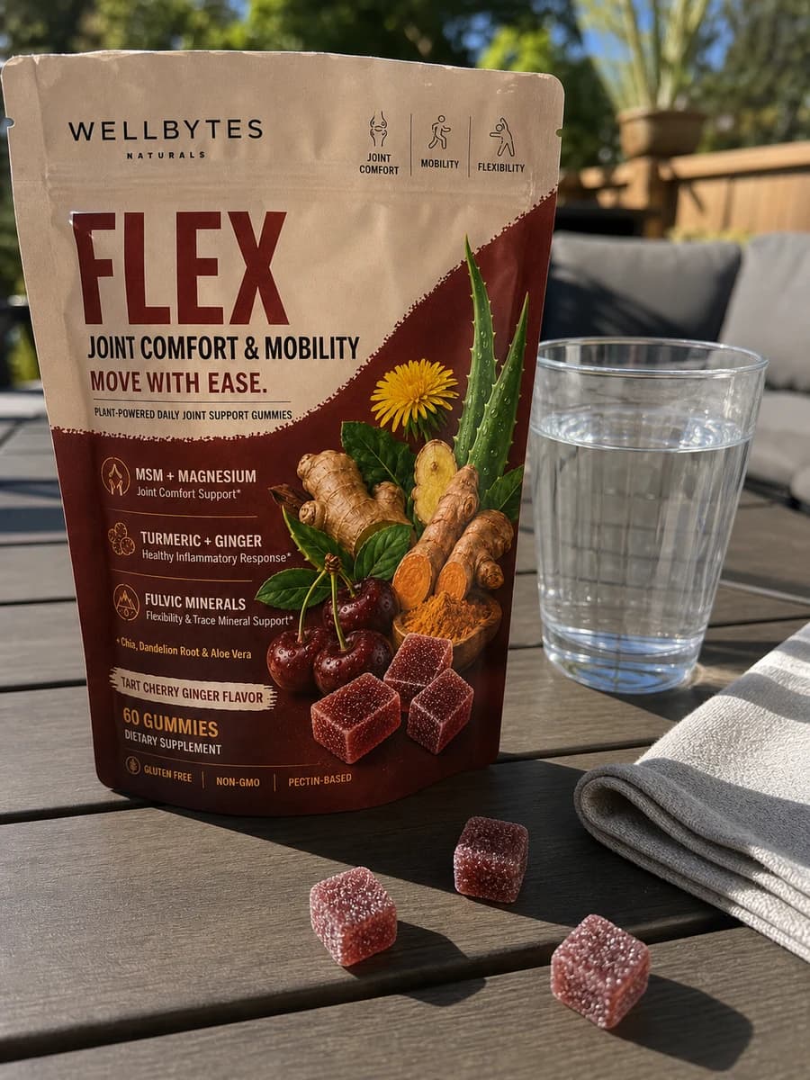 Customer-style photo of the WellBytes Flex pouch on a patio table