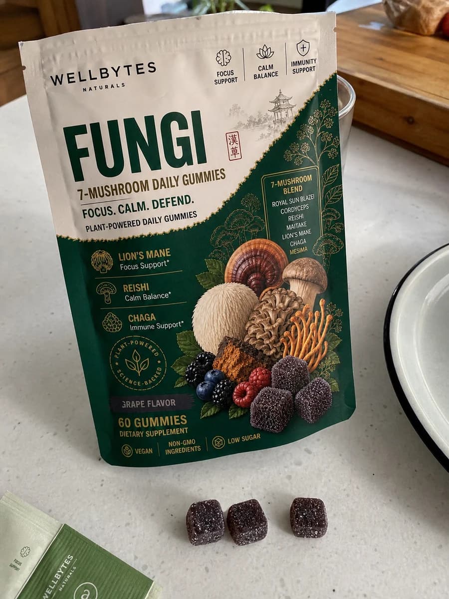Customer-style photo of the WellBytes Fungi pouch on a kitchen counter