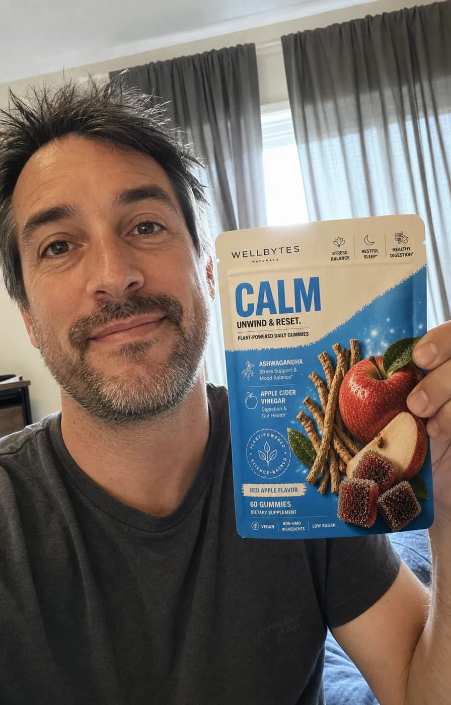Customer-style phone selfie holding a WellBytes Calm pouch in bedroom daylight