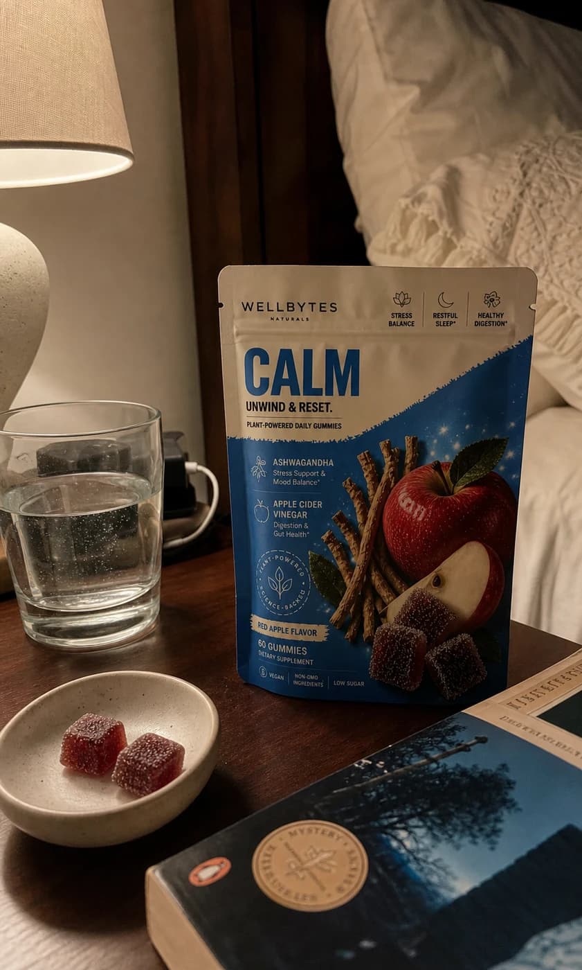Customer-style nightstand photo of a WellBytes Calm pouch beside gummies and a water glass