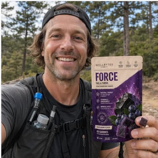 Representative customer-style photo with a WellBytes Force pouch on a wooded trail