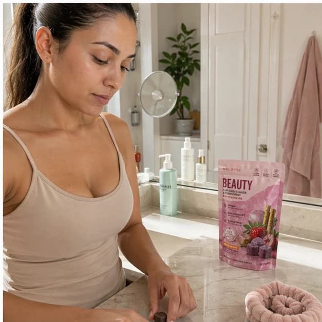 Representative customer-style photo with a WellBytes Beauty pouch near a bathroom vanity