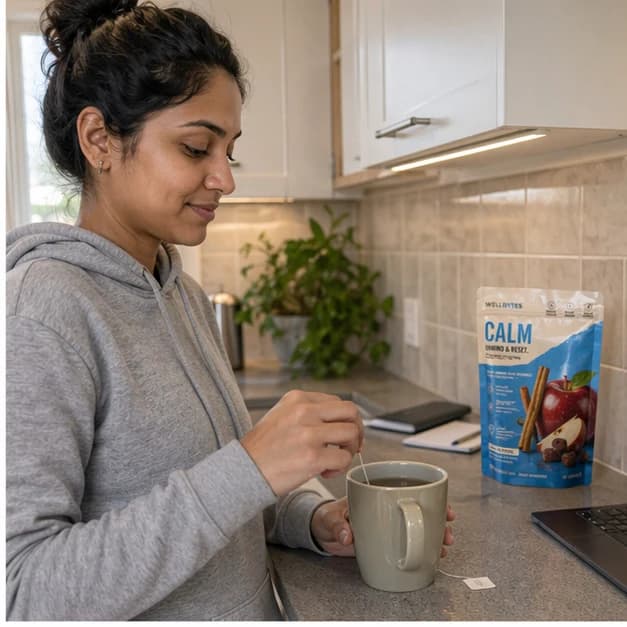 Representative customer-style photo with a WellBytes Calm pouch at a kitchen counter