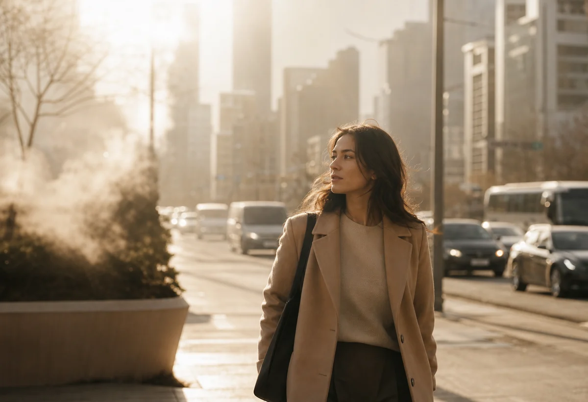 Editorial photo of a woman walking through hazy city air and everyday environmental exposure