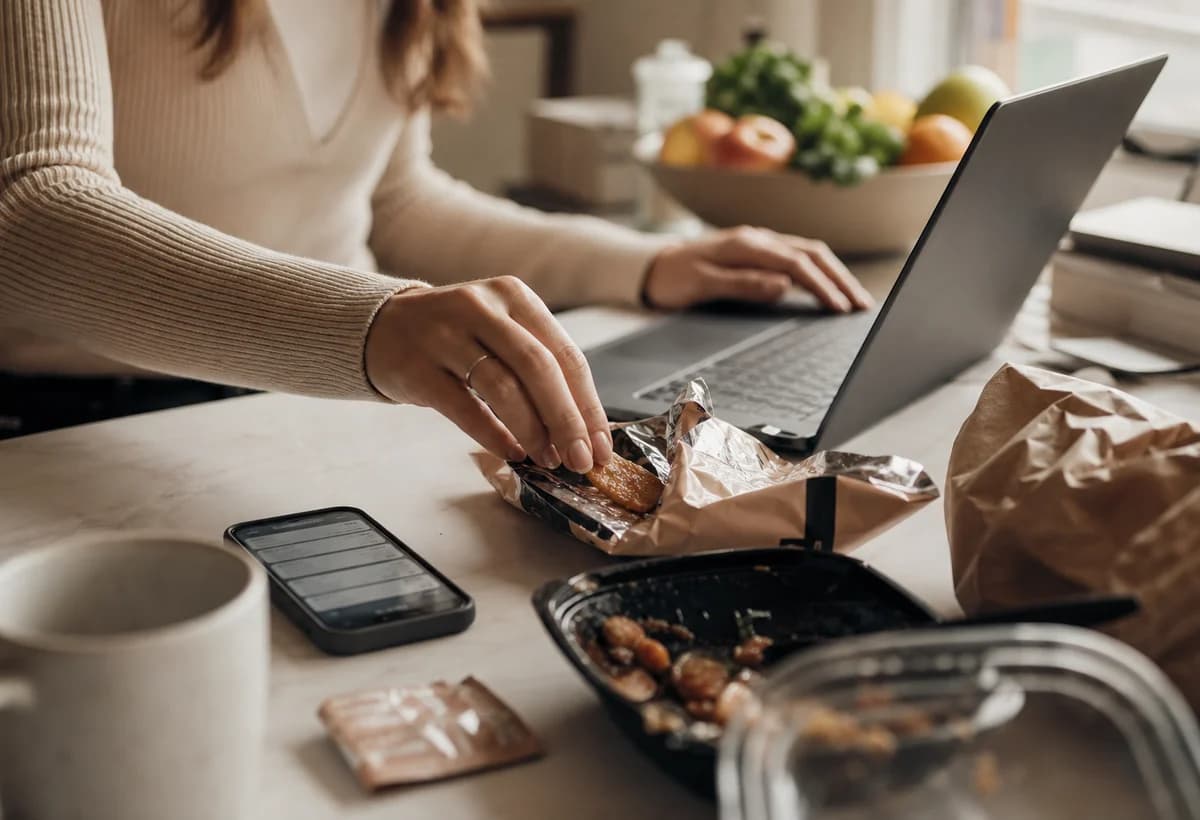 Editorial photo of a busy workday desk with packaged food and fresh produce in the background