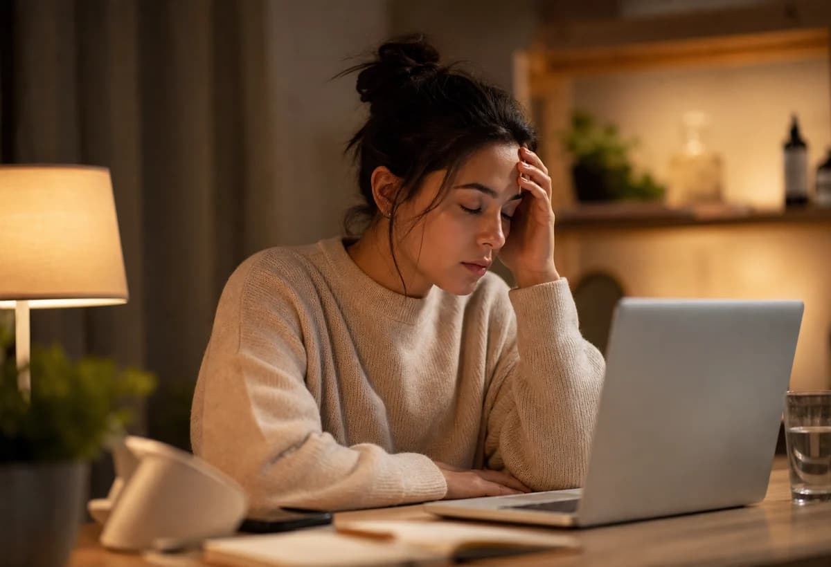Editorial photo of a tired person working late beside a laptop and warm desk lamp