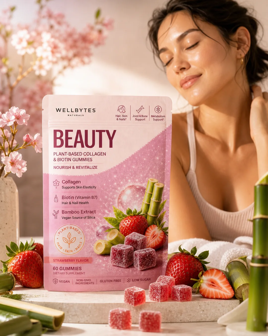 WellBytes Beauty premium editorial scene with Beauty gummies, pouch, and skincare ritual