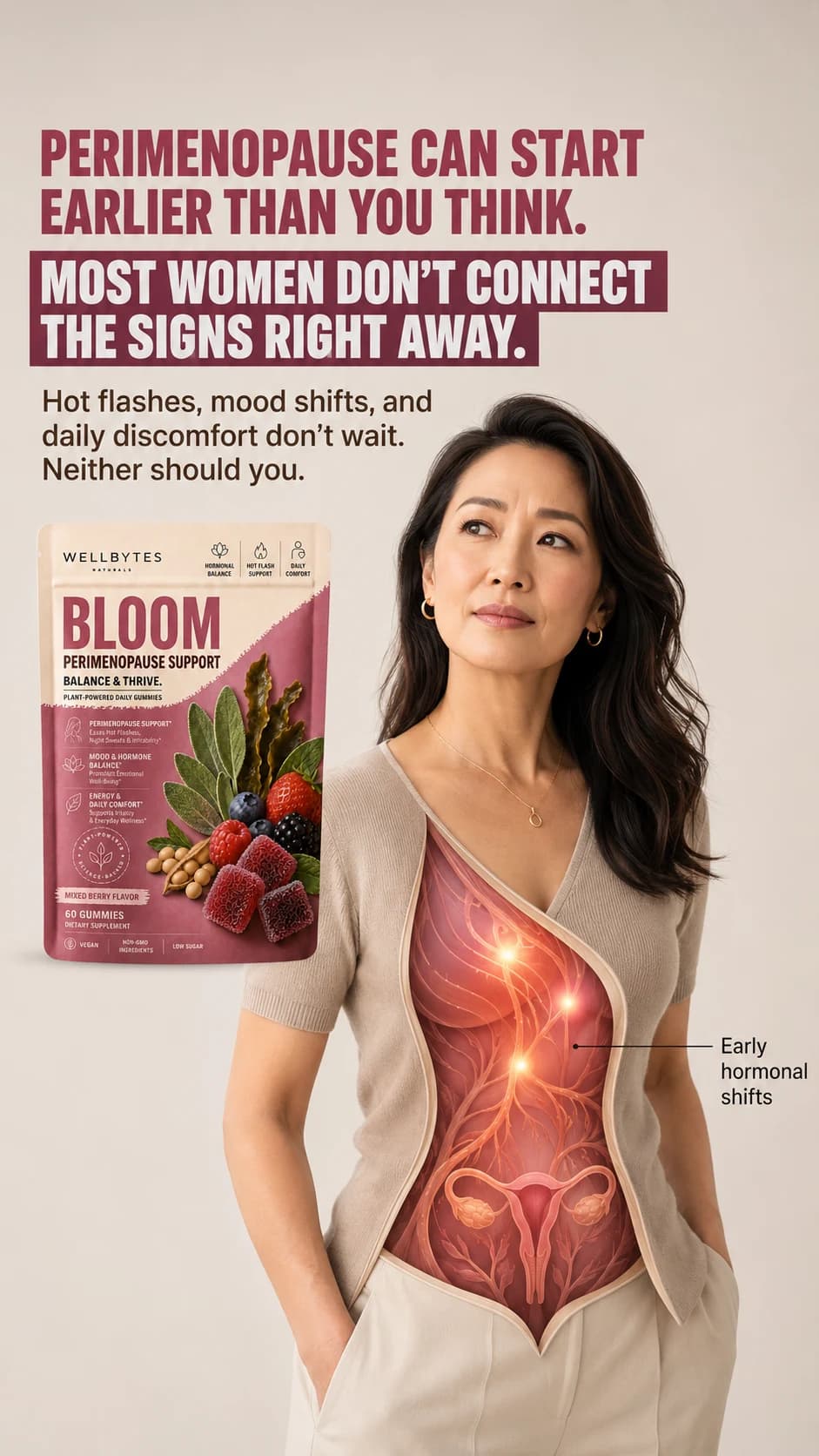 WellBytes Bloom perimenopause support visual with Bloom pouch and early hormonal shift callout