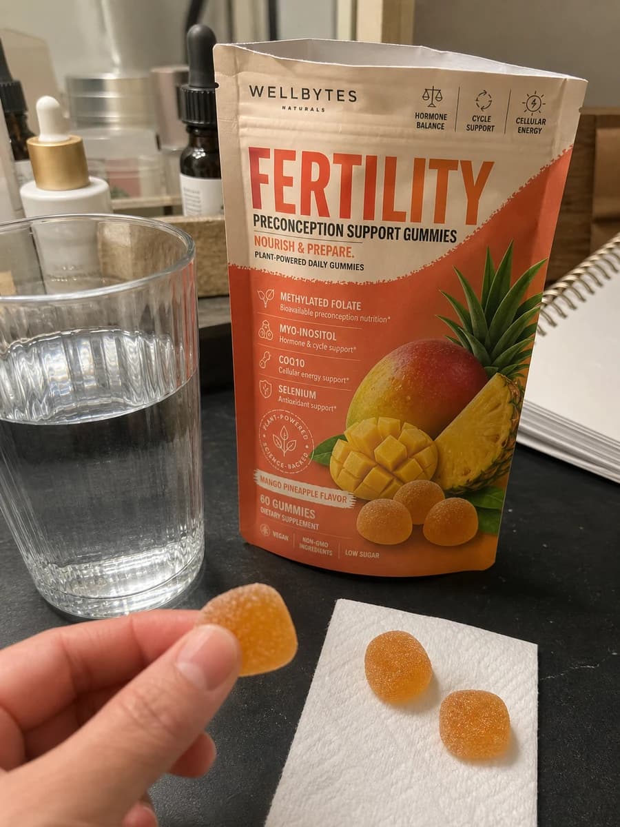 UGC photo using the current WellBytes Fertility pouch design on a vanity counter