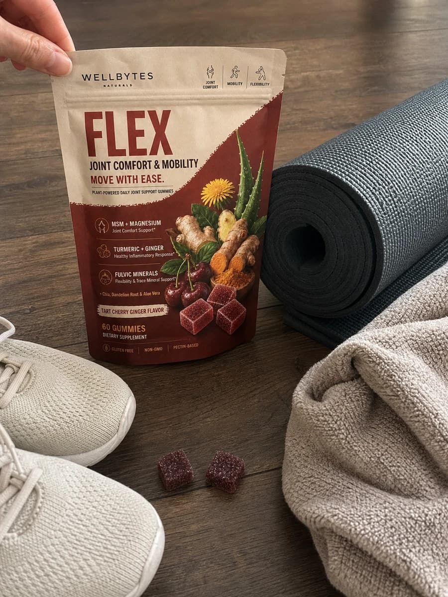 UGC photo using the current WellBytes Flex pouch design beside a mat and sneakers