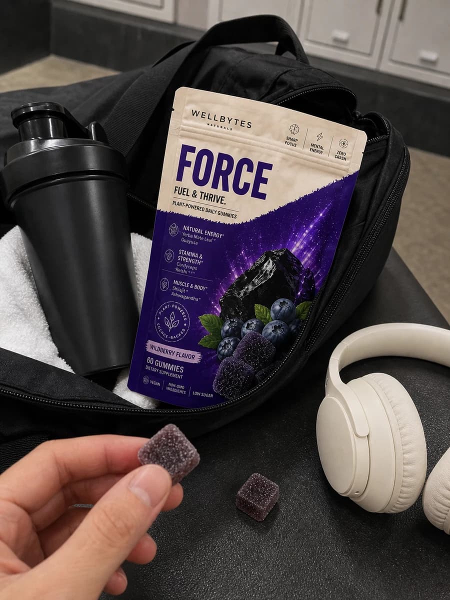 UGC photo using the current WellBytes Force pouch design with a plain shaker in a gym bag