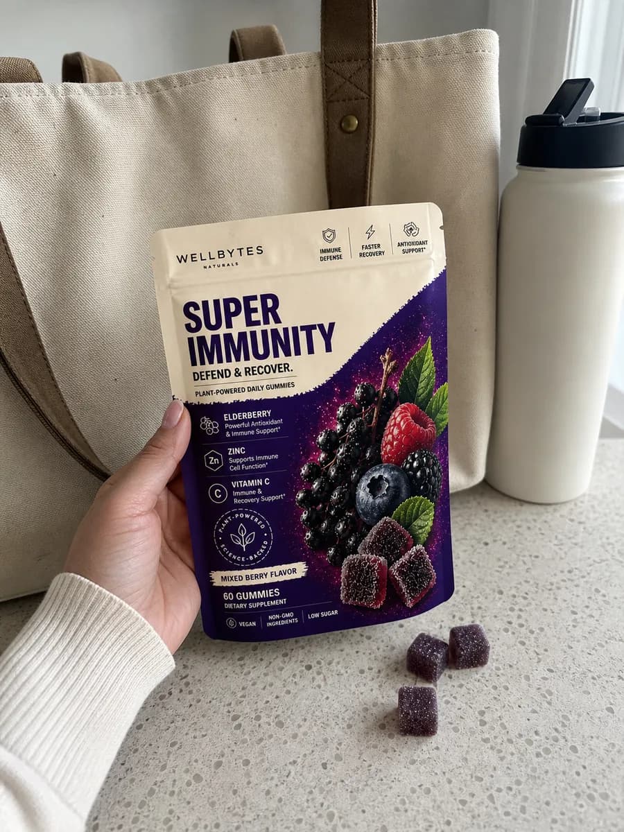 UGC photo using the current WellBytes Super Immunity pouch design with a tote bag and water bottle
